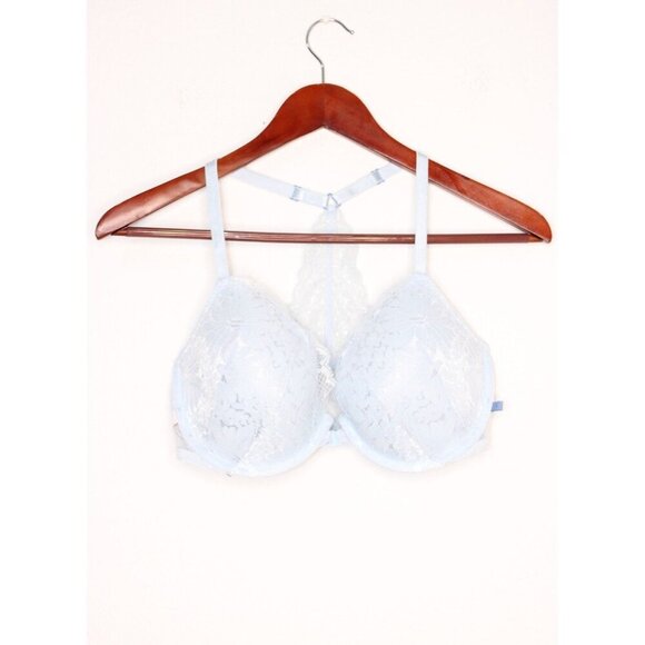 Victoria's Secret 34DD Blue Solid Push Up Lace Lightly Padded Unwired Razorback - Picture 1 of 14